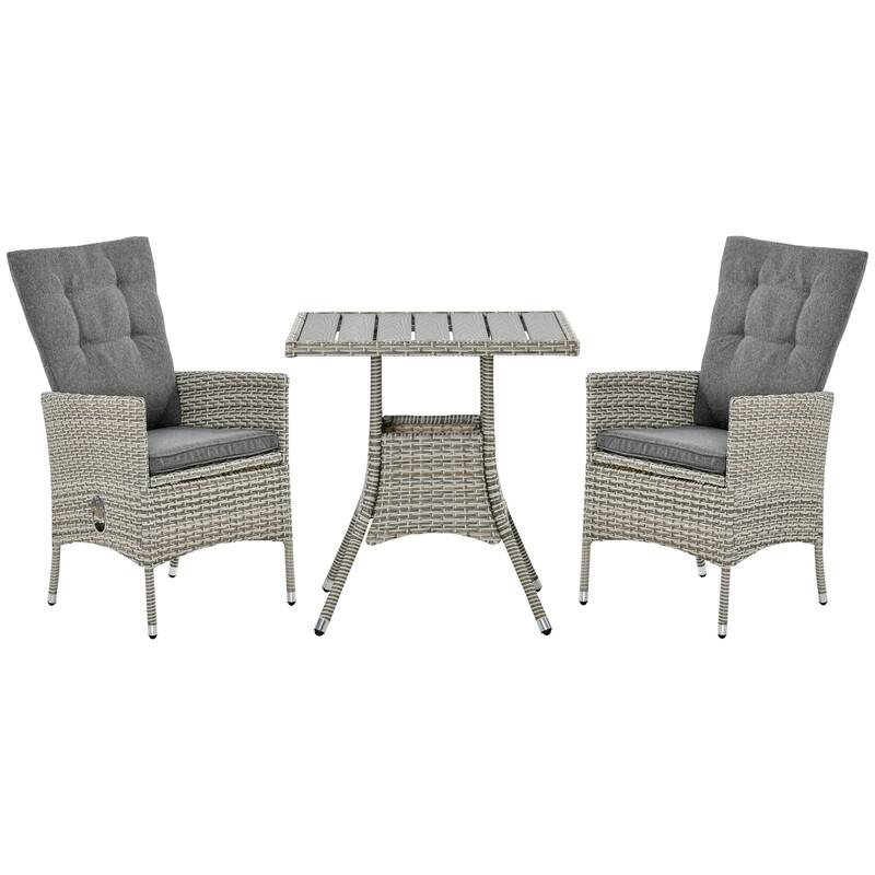 Outsunny 3 Pieces Patio PE Rattan Sofa Set, Outdoor Recliner Chairs Wood Grain plastic Top Coffee Table