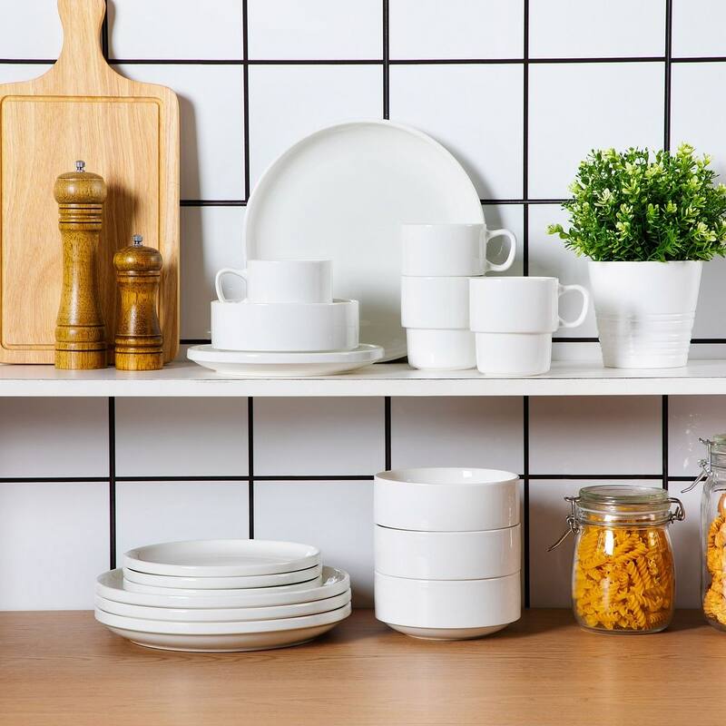 LOVECASA 16-Piece Round Dinnerware Set Stackable, Service for 4