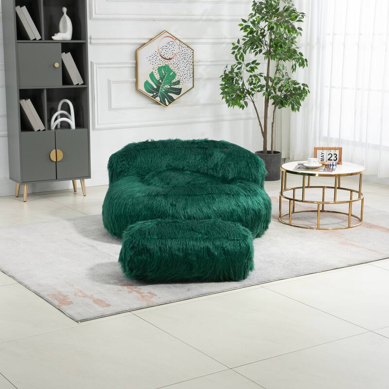 Fluffy Bean Bag Chair with Ottoman, Comfy Bean Bag Lounger for Adults and Kids, Ultra Soft Lazy Sofa Chair with Memory Foam