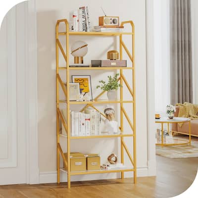 5-Tier Bookshelf 62-inch Tall Gold Metal and Glass Bookcase