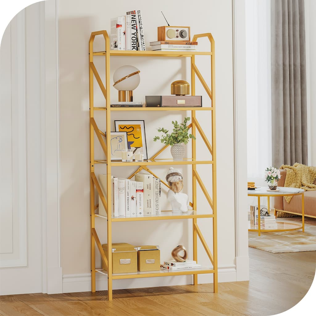 5-Tier Bookshelf 62-inch Tall Gold Metal and Glass Bookcase