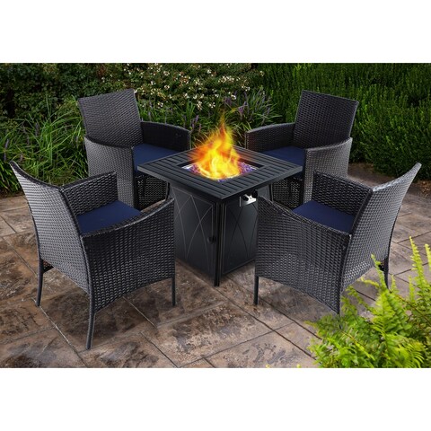 PHI VILLA 28" Gas Fire Pit Table with 4 Rattan Chairs, 5 Piece Propane Fire Pit Setwith 5Kg Fire Glass