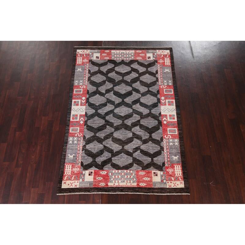 Geometric Trellis Gabbeh Kashkoli Oriental Wool Area Rug Hand-knotted - 5'4" x 7'9"