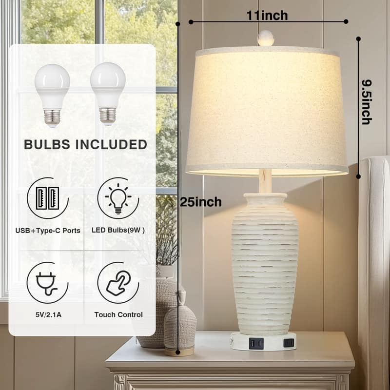 Set of 2 Touch Control 25-Inch Table Lamps with USB & Type-C Ports and Drum Shades