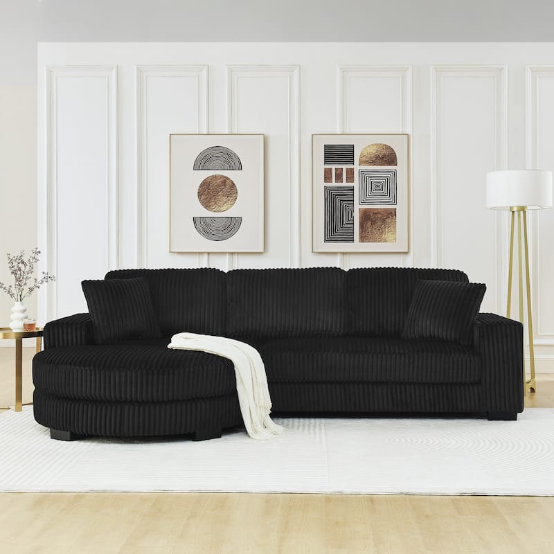 Anmytek Black Corduroy Tufted Sleeper Sectional Sofa L-Shaped Modular Convertible with Reversible Arc Footstool