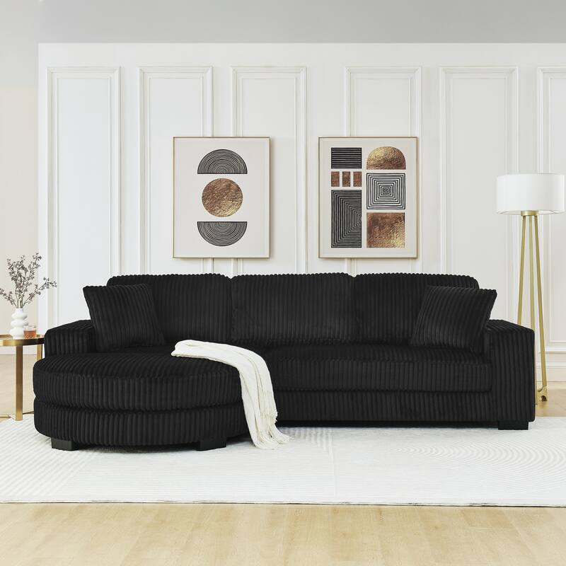 Corduroy Tufted Upholstered Sofa, L-Shaped Modular Sectional Sofa, Convertible Sleeper Sofa with Curved Ottoman