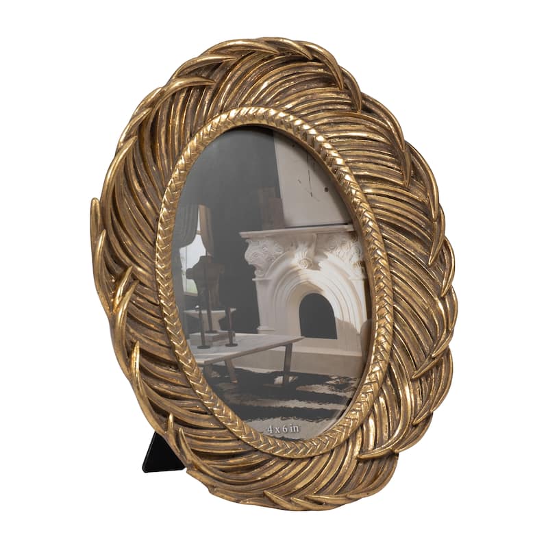 Sagebrook Home 4x6 Luxurious Gold Resin Feather Adorned Photo Frame, Accentuate Your Memories