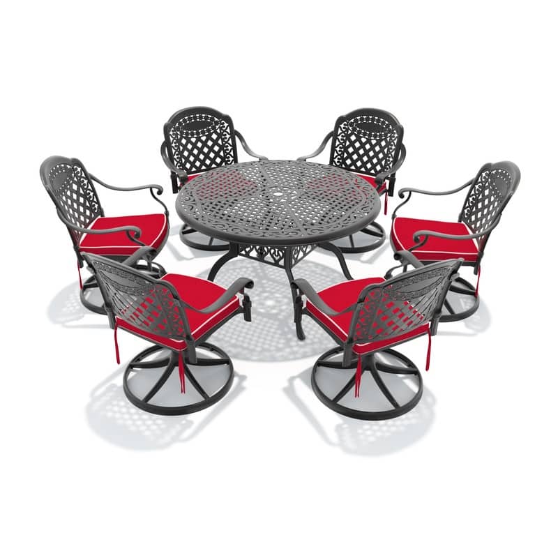 7-Piece Aluminum Round Outdoor Patio Dining Set, 6 Cushioned Swivel Chairs, Table, All-Weather Frames