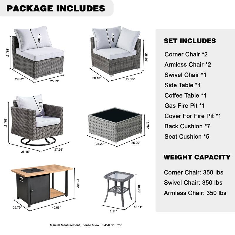 HOOOWOOO 8-piece Grey Wicker Outdoor Patio Furniture Sectional Set with Fire Pit