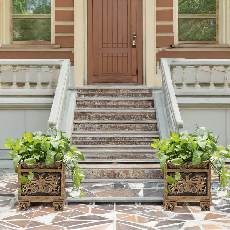 Set of 2 Outdoor Living Butterfly Square Plant Stands, Decorative Flower Planting Pots, Antique Bronze Finish, Patio Decor