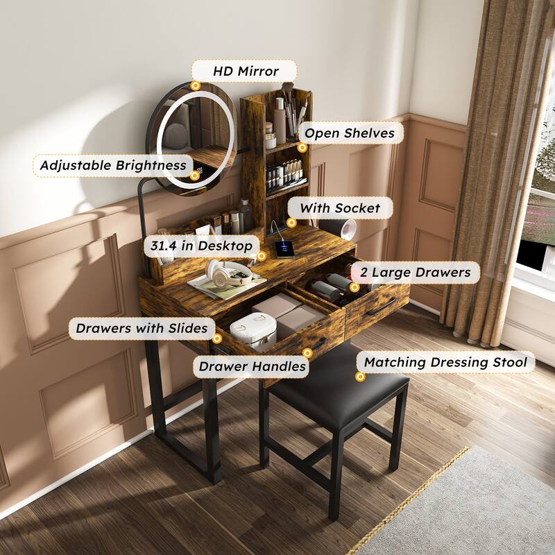 Vanity Desk with LED Mirror & Stool, Makeup Vanity Table with Power Outlet, Drawer & Open Shelves, Small Dressing Table Set