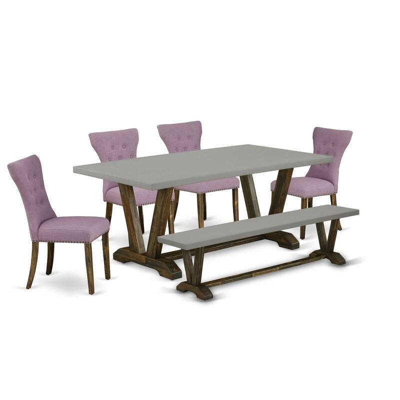 Solid Wood Dinette Set - 6 Piece Kitchen Table Set - 4 Parsons Chairs & Bench - Antique Accents