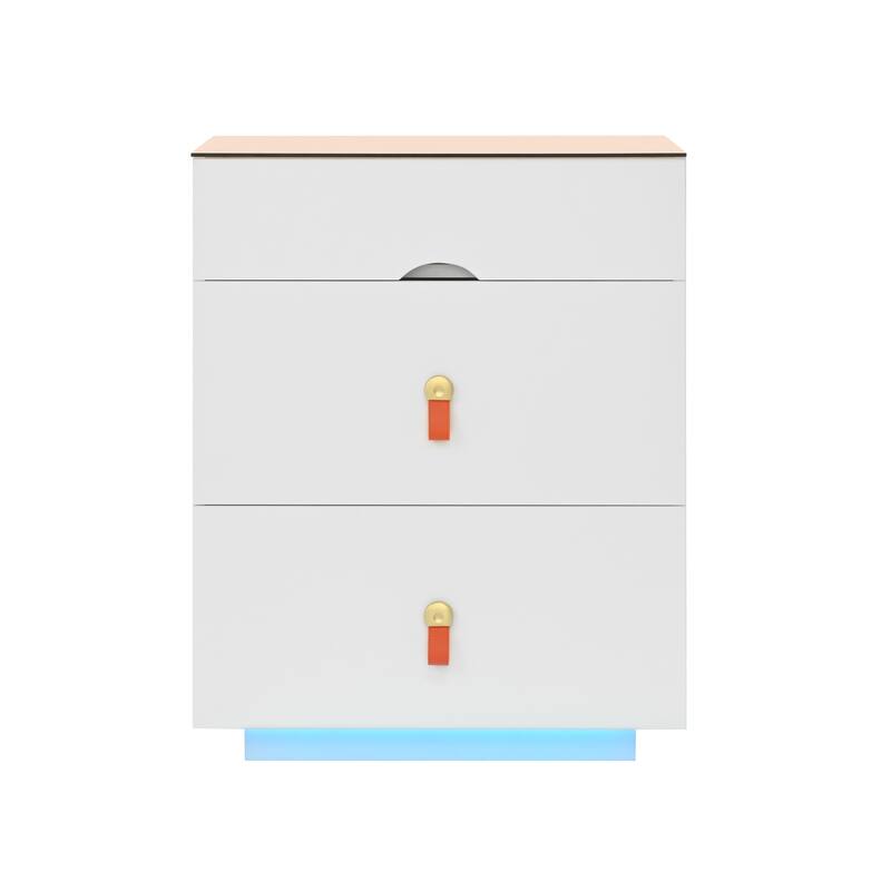 Nightstand with LED Lights & 3 Drawers, Side Table with Glass Top Jewelry Storage Compartments, Small Wood Accent Table