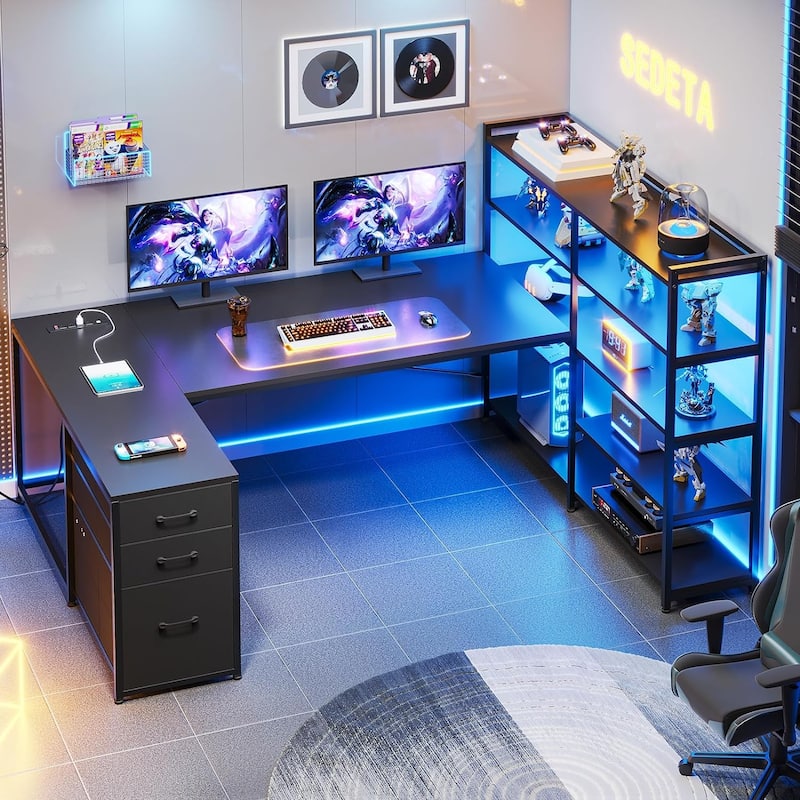 L Shaped Desk Gaming Desk 3 Fabric Drawers 5 Storage Shelves - Black