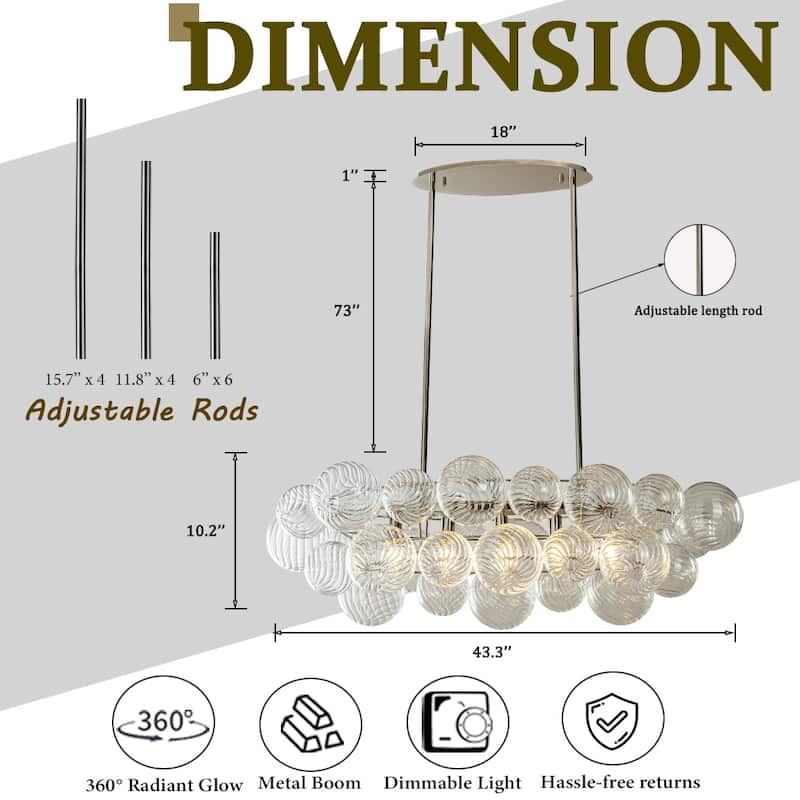 Glam 5-Light 43'' Modern Dining Room Chandelier with Hand-Blown Textured Clear Glass Globes and Chrome Finish - W43''