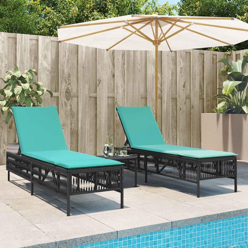 vidaXL Sun Loungers with Table Chaise Lounge 2 Pcs Poly Rattan Brown/Gray/Black - Black