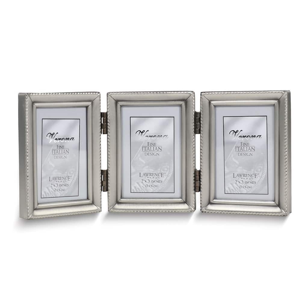 Curata Pewter Portrait Hinged Brushed and Beaded 2x3 Triple Photo Frame