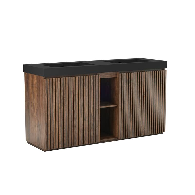 GDFStudio - Galan 60" Freestanding Bathroom Vanity with Quartz Sink, Solf Close Doors, Open Storage Shelf, NO Drain & Faucet