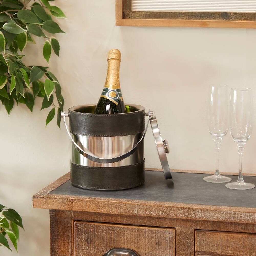 Leather Ice Bucket with Lid - 8 x 7 x 12