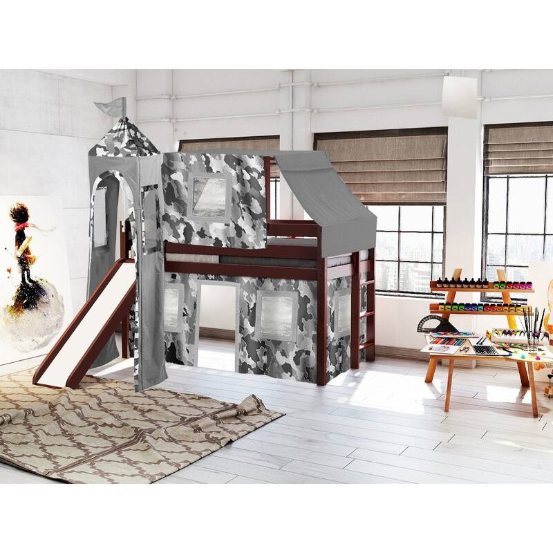 JACKPOT Prince & Princess Low Loft Twin Bed, Ladder Slide Tent & Tower