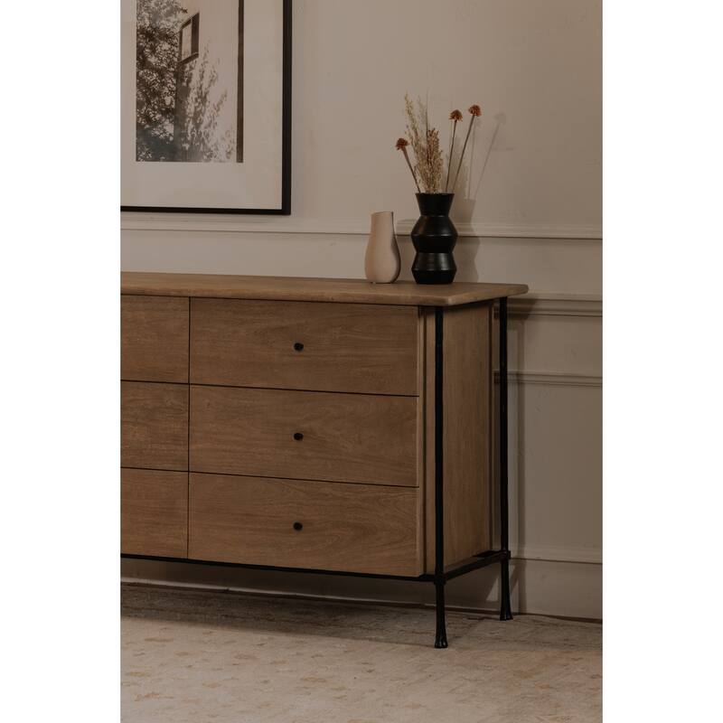 NADAAL STUDIOS Valenor Brown Acacia Wood and Hammered Iron 6-Drawer Dresser