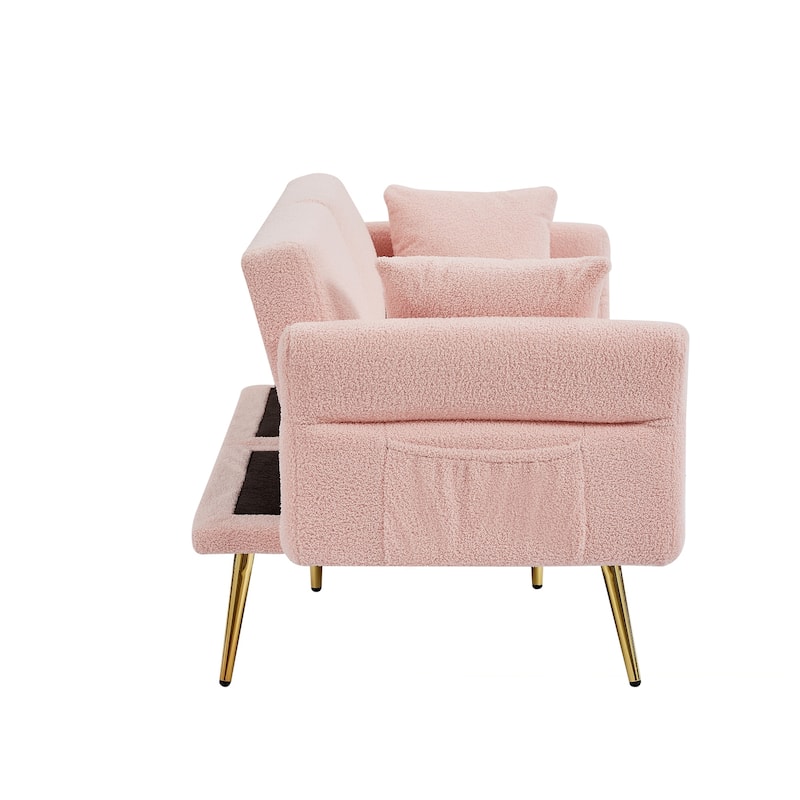 Upholstered Accent Loveseat Sofa With Side Pocket,Folding Sleeper Sofa Bed With Foldable Armrest