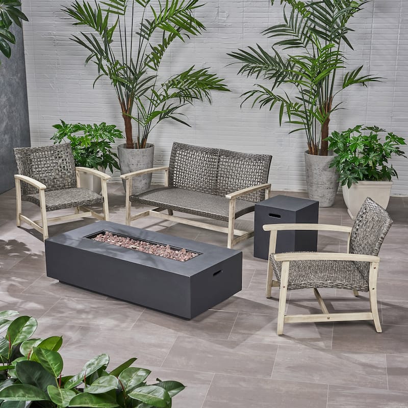 Augusta Outdoor Acacia Wood and Wicker 4 Seater Chat Set with Fire Pit by Christopher Knight Home