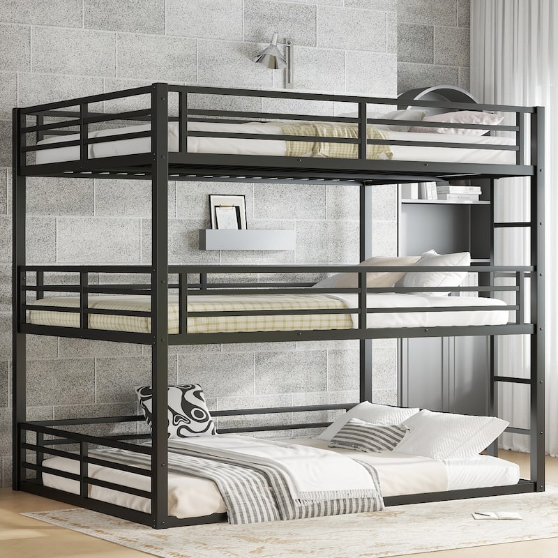 GDFStudio - Fillip Metal Triple Bunk Bed with Guardrails & Noise-Reduced Heavy-Duty Frame - Black + Queen/Queen/Queen - Queen