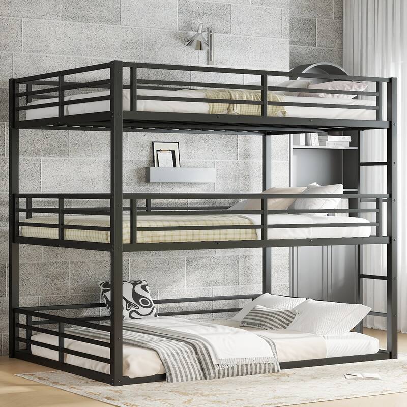 Metal Triple Bunk Bed with Safety Guardrails, Queen over Queen over Queen, Space-Saving Design, Noise-Reduced, Black - Black
