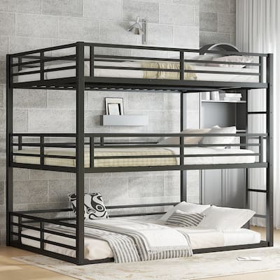 Queen over Queen over Queen Metal Triple Bunk Bed Safety Guardrails Noise reduced Black