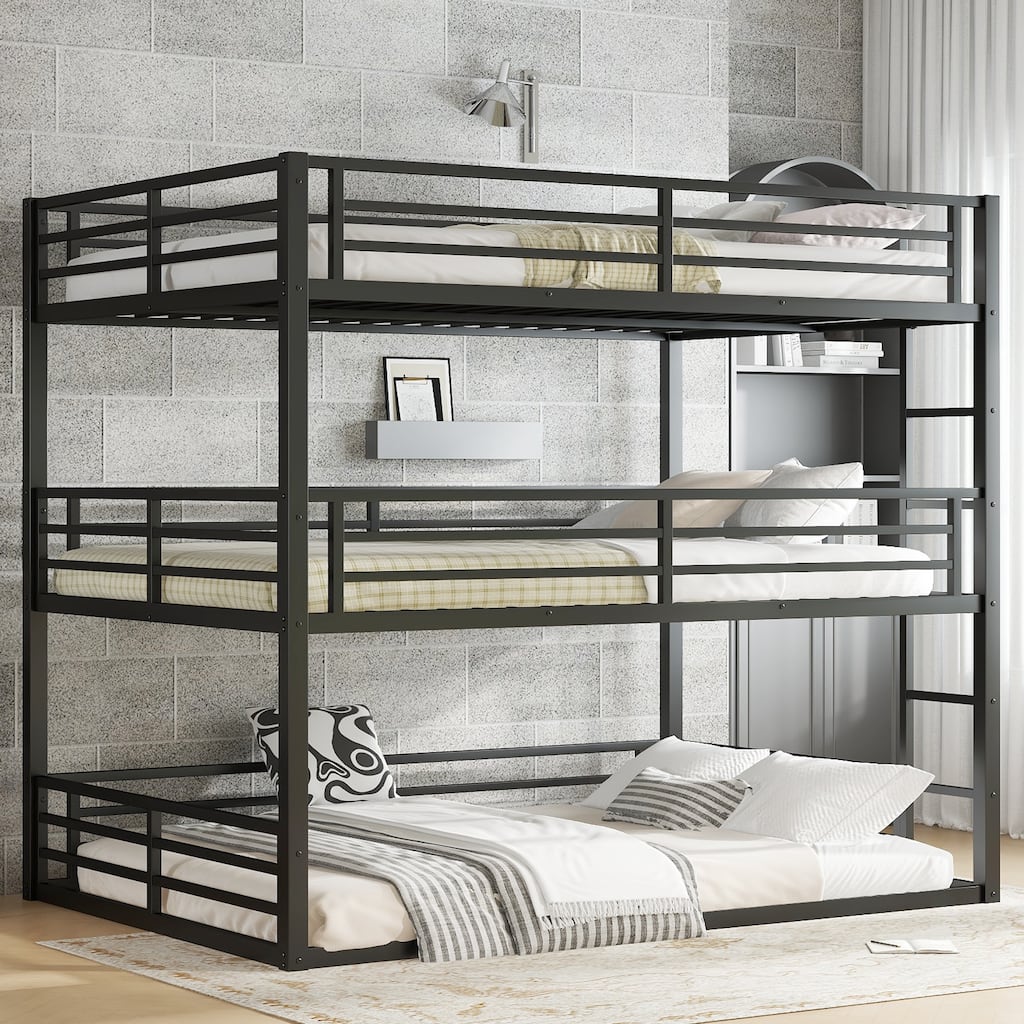 Queen over Queen over Queen Metal Triple Bunk Bed Safety Guardrails Noise reduced Black
