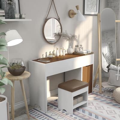 Kathy Contemporary White Lift-up 2-Piece Makeup Vanity Table and Stool Set by Porch & Den