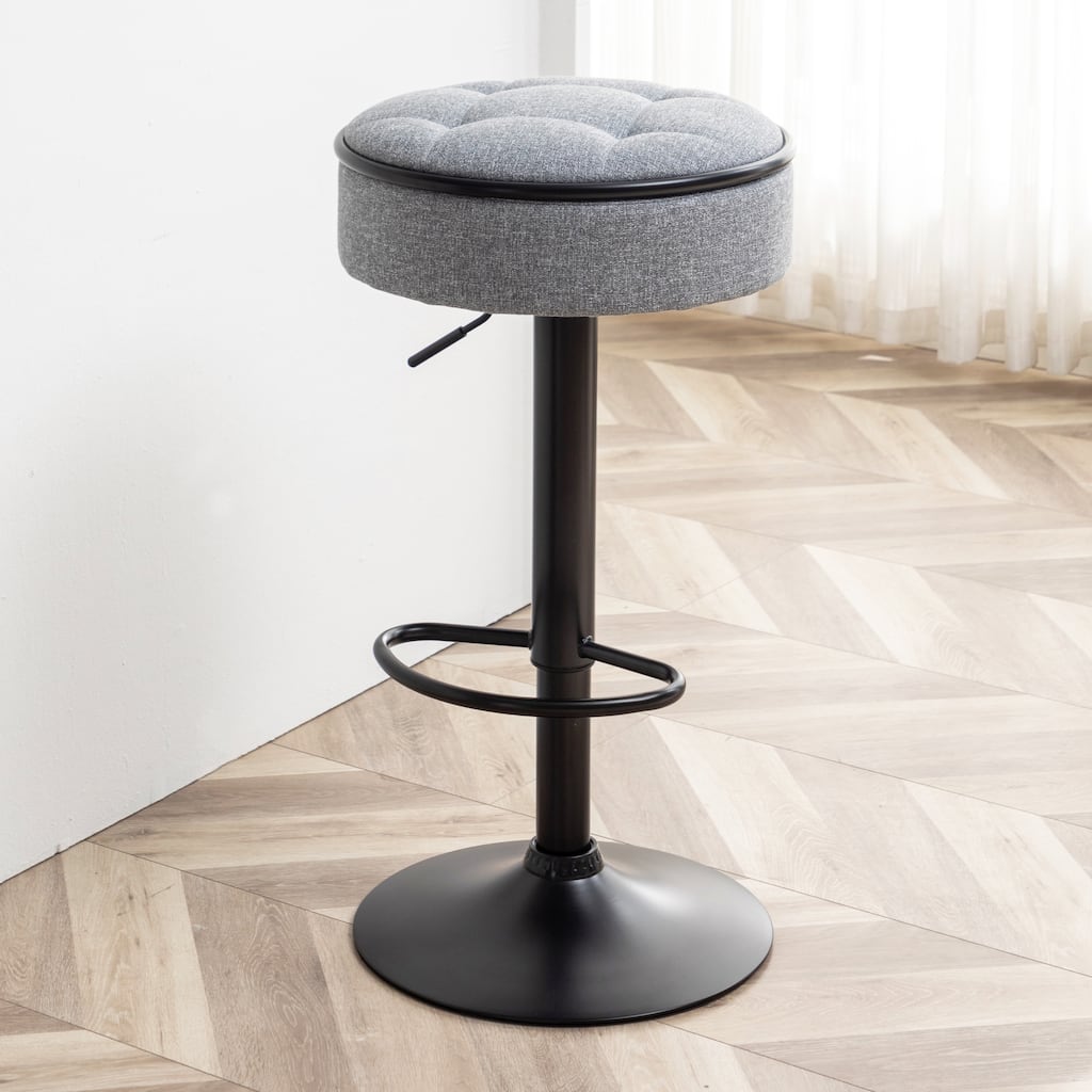 Round Storage Bar Stool Faux Leather Height Adjustable Barstool, 360 Swivel