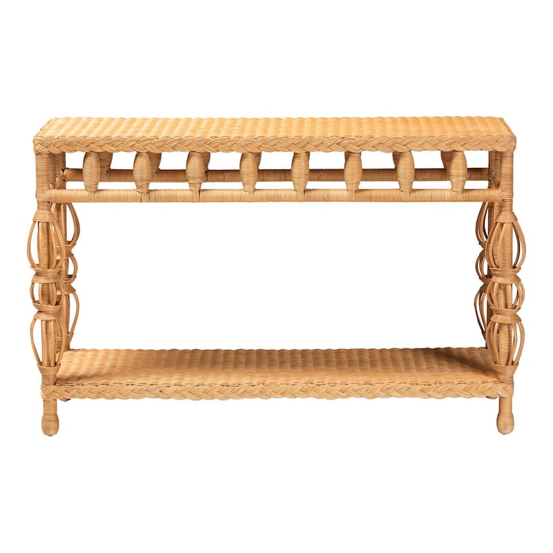 Dolby Natural Rattan Console Table - Handwoven Wicker Accent Table with Openwork Design and Lower Shelf, Coastal Boho Style