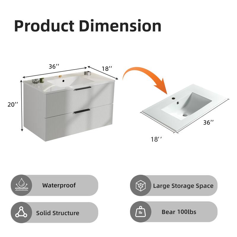 36 Inch Floating Bathroom Vanity with Ceramic Sink, Wall Mounted Fluted Cabinet with 2 Drawers, Modern MDF Design