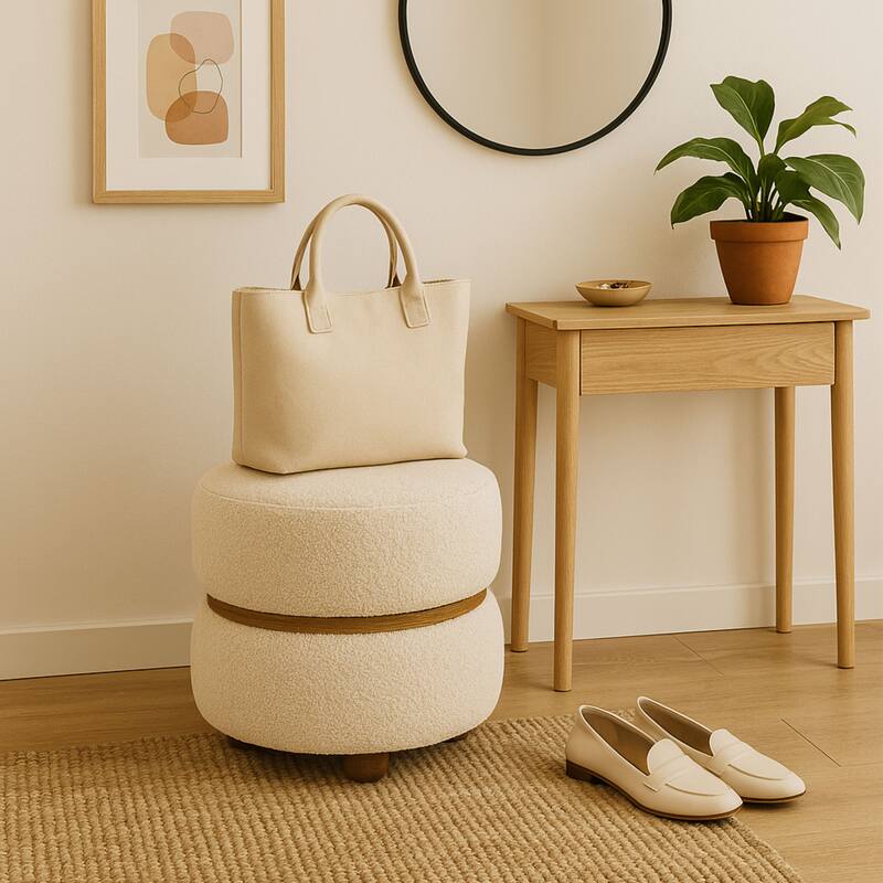 Double Pouf Round Upholstered Vanity Stool and Ottoman Foot Rest