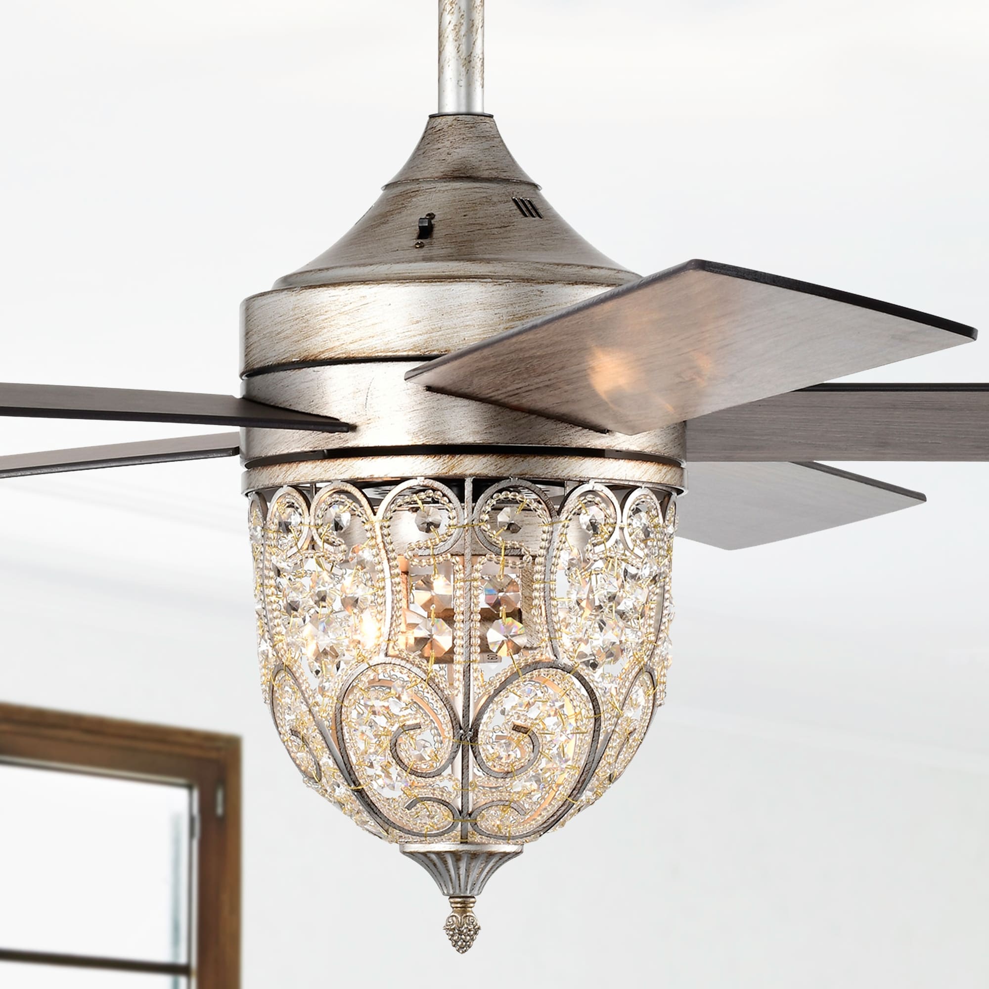 Warehouse of Tiffany Jaxen 52 Inch Antique Bronze Crystal Ceiling Fan 2 Light with Remote