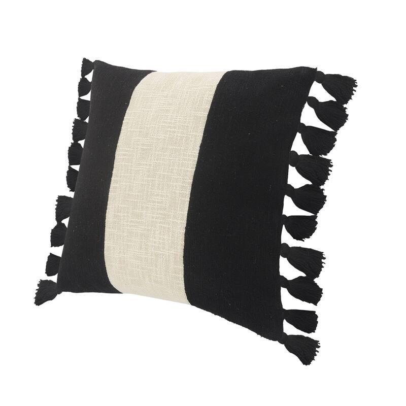 20" Off-White and Black Striped Pattern Square Throw Pillow with Fringe