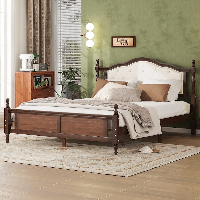 Classic Platform Bed Wooden Frame Queen Size Bed with Upholstered Tufted Headboard, Panel Footboard and Central Support Feet