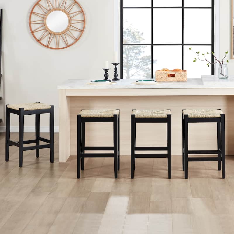 Bohemian 26" H Natural Weave Seagrass Rattan Backless Counter Stools - Set of 4 - Black