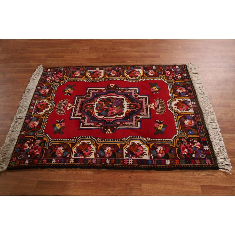 Hand Knotted Oriental 100% Wool Carpet Traditional Medallion Red Bakhtiari Area Rug - 4' 7'' X 3' 6''