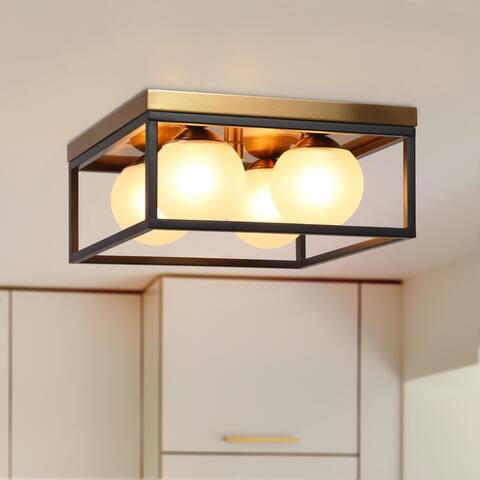 Modern Black Gold 4-Light Semi Flush Mount Ceiling Light with Frosted Globe Glass - D14"xH6.5"