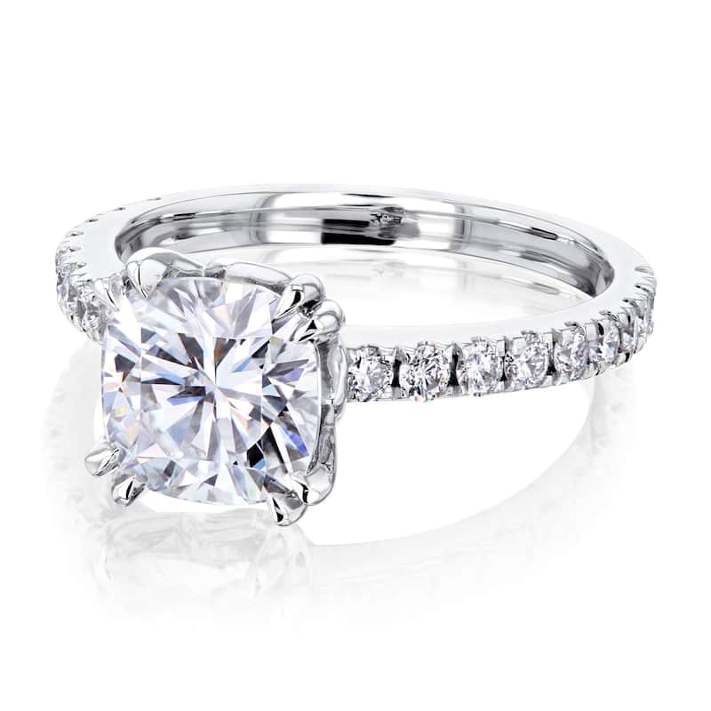 Kobelli 2.45 Carats Moissanite & Natural Diamond 14k Solid Gold Cushion Tulip Prongs Madison Engagement Ring