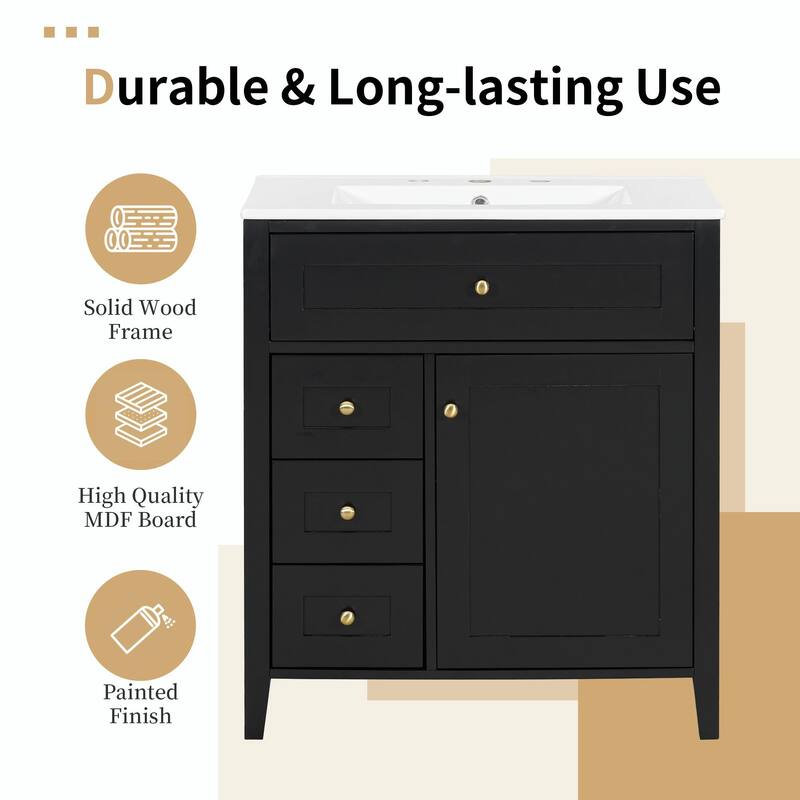 Bathroom Vanity with Sink, Modern MDF and Rubberwood Cabinet with 3 Drawers and Adjustable Shelf