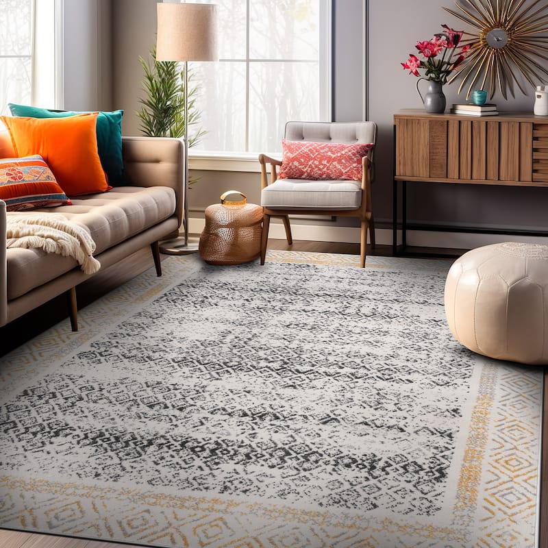 World Rug Gallery Distressed Bohemian Border Area Rug - 5' x 7' - Yellow - Rectangle
