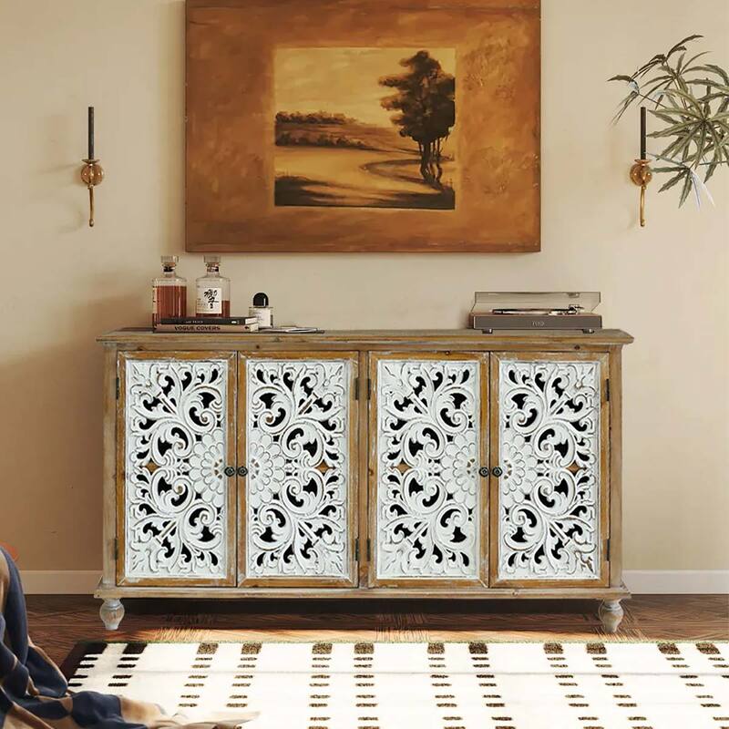 Sideboard with 4 Carved Doors, Multifunctional Wood Storage Cabinet, Coffee Bar Cabinet with Adjustable Shelves - Antique Natural