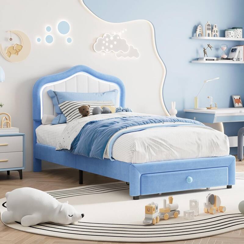 Twin Upholstered Platform Bed Frame with LED Lights & Storage Drawer, Easy Assembly - Blue