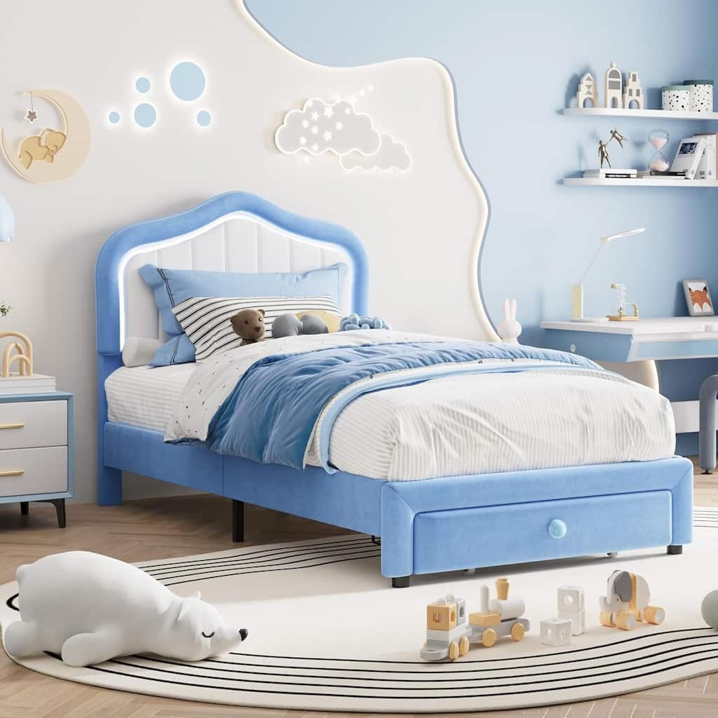 Twin Upholstered Platform Bed Frame with LED Lights & Storage Drawer, Easy Assembly