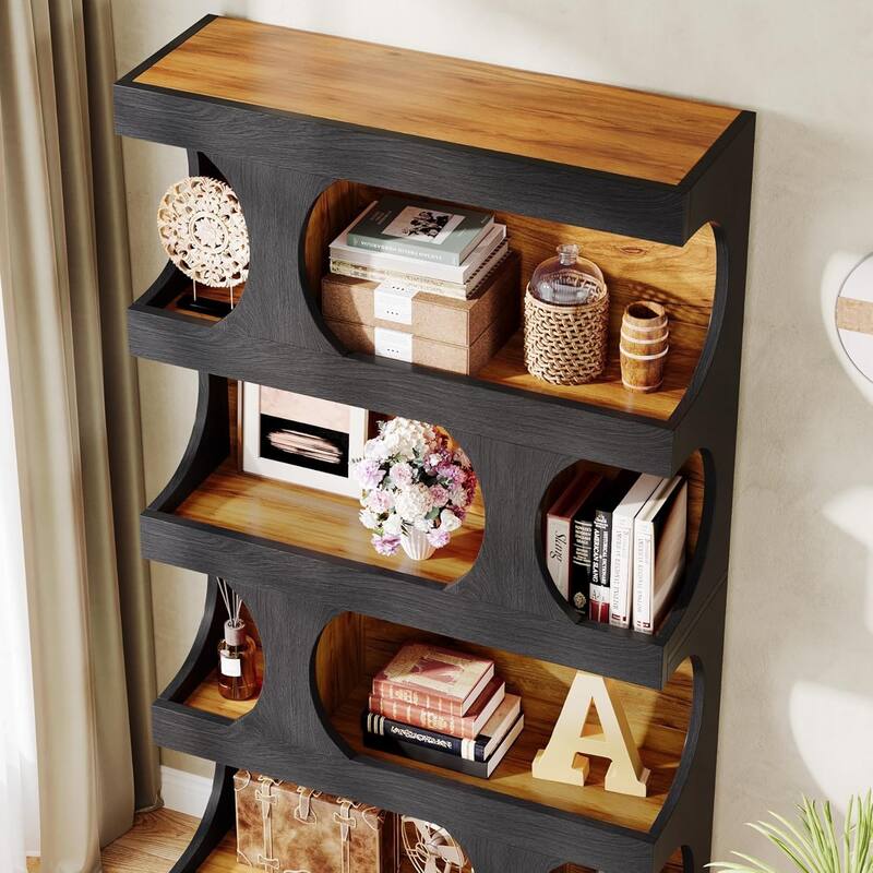 71" Tall Bookcase, 4-Tier S-Shaped Bookshelf, Wood Decorative Storage Shelving