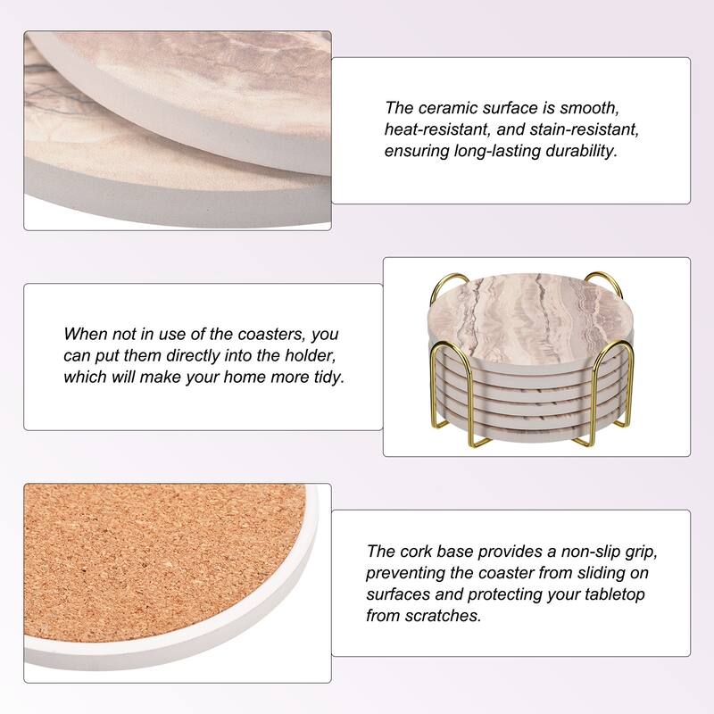 Drink Coasters with Holder, 6pcs 4" Cork Base Coasters Sandstone Style